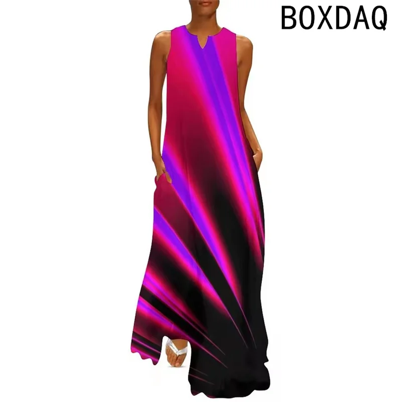 Boho Printed Maxi Dress Summer Sleeveless V-Neck Pockets Dress 3D Colorful Gradient Long Dress Big Size Beach Dress Vestidos