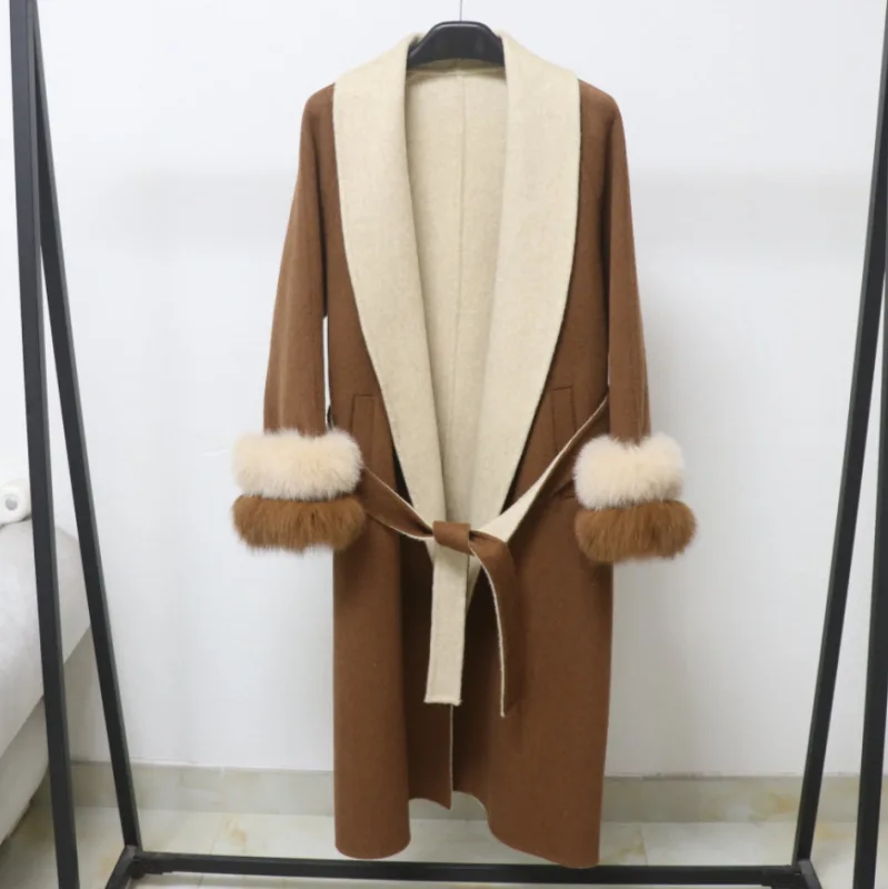 

Длинное пальто-тренч на весну, новое двустороннее пальто из смесовых тканей для осени и зимы, женское длинное шерстяное пальто в стиле «ленивый шик» с отделкой из меха лисы, класса люкс