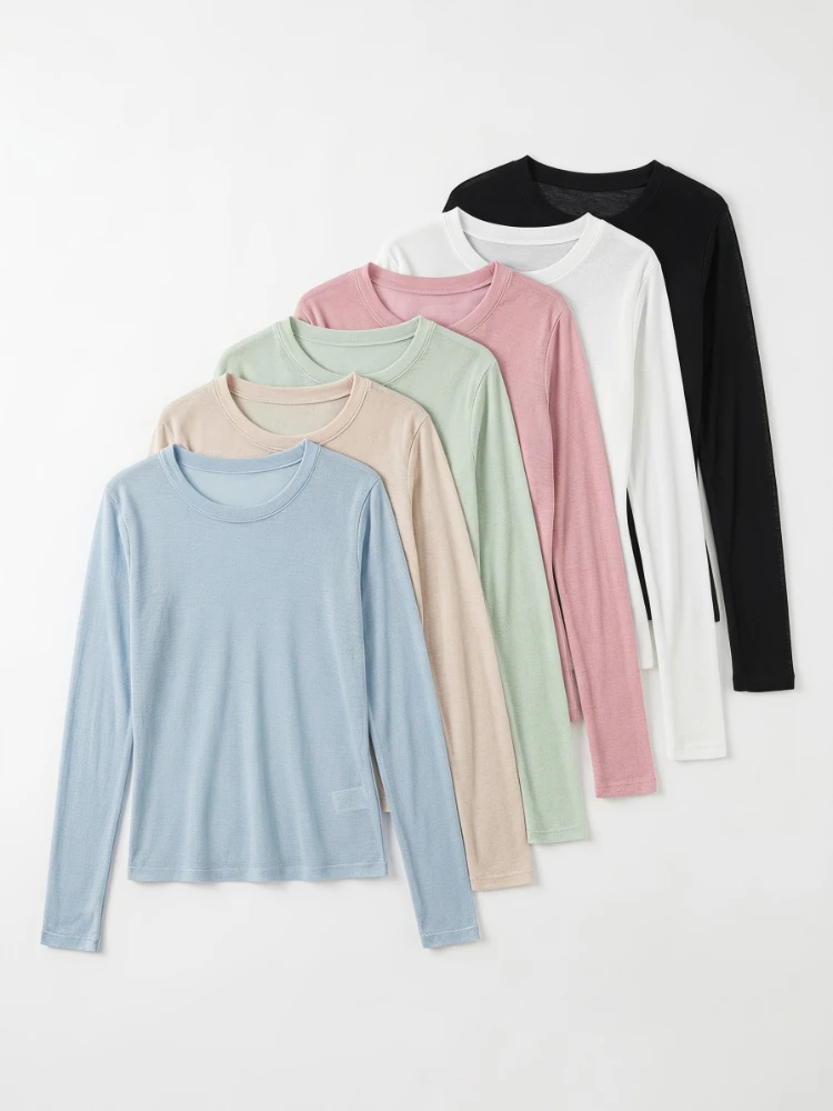 Sexy See-through Women T-Shirts 2026 Spring Summer Ice Silk Sun Protection Shirt Korean Long Sleeve Solid Versatile Cover Up Top