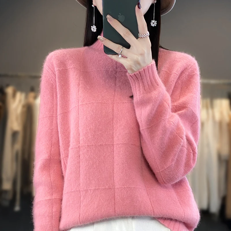 Autumn and Winter Semi-Turtleneck Women\'s Clothing 100% Mink Cashmere Sweater Women Knitted Pullover Checkered Long-Sleeved Tops