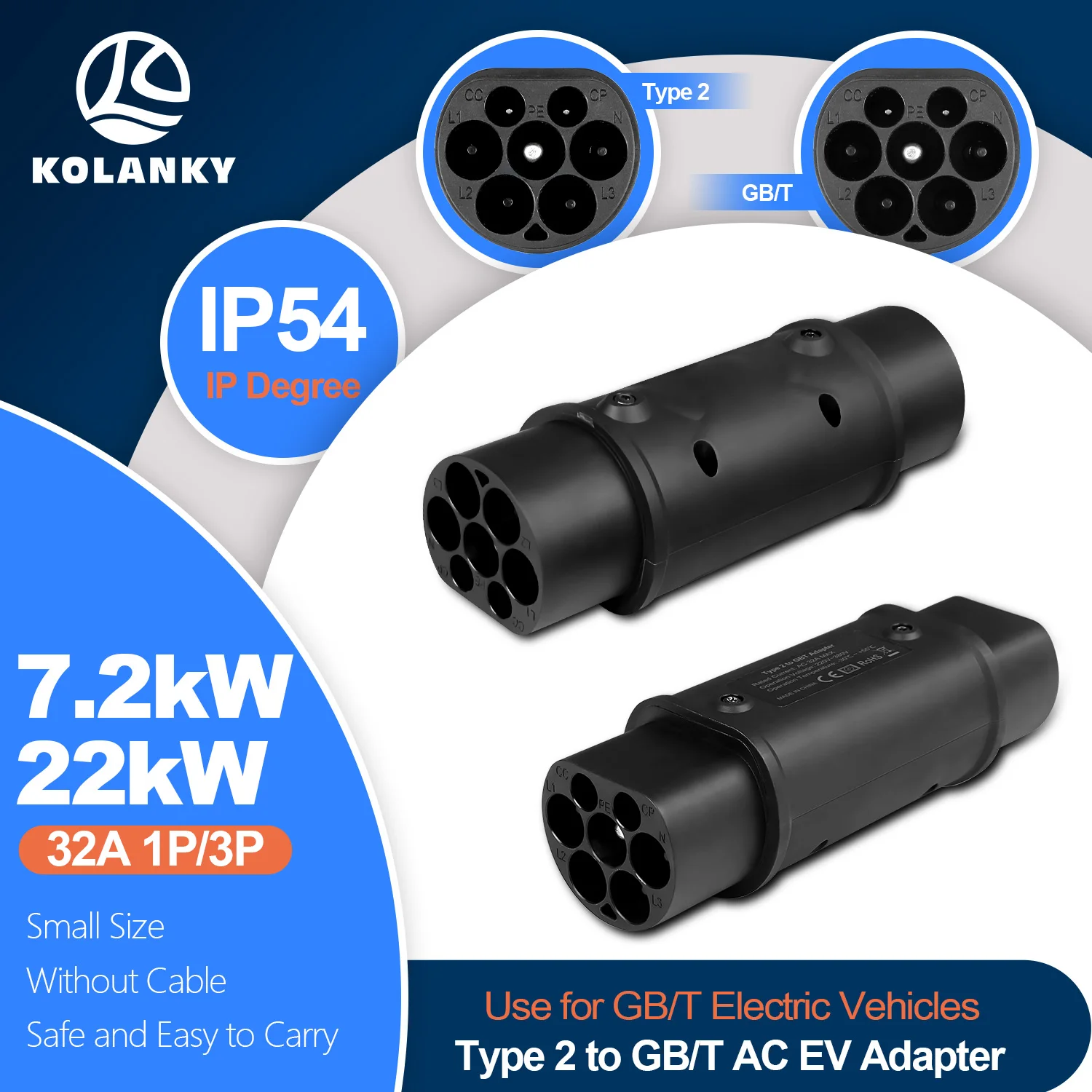 

Kolanky 7,2 кВт/22 кВт Адаптер переменного тока для электромобилей Тип 2 к GBT Адаптер 1P/3P 32A Зарядное устройство EVSE Разъем для зарядки электромобиля IP54 Без кабеля