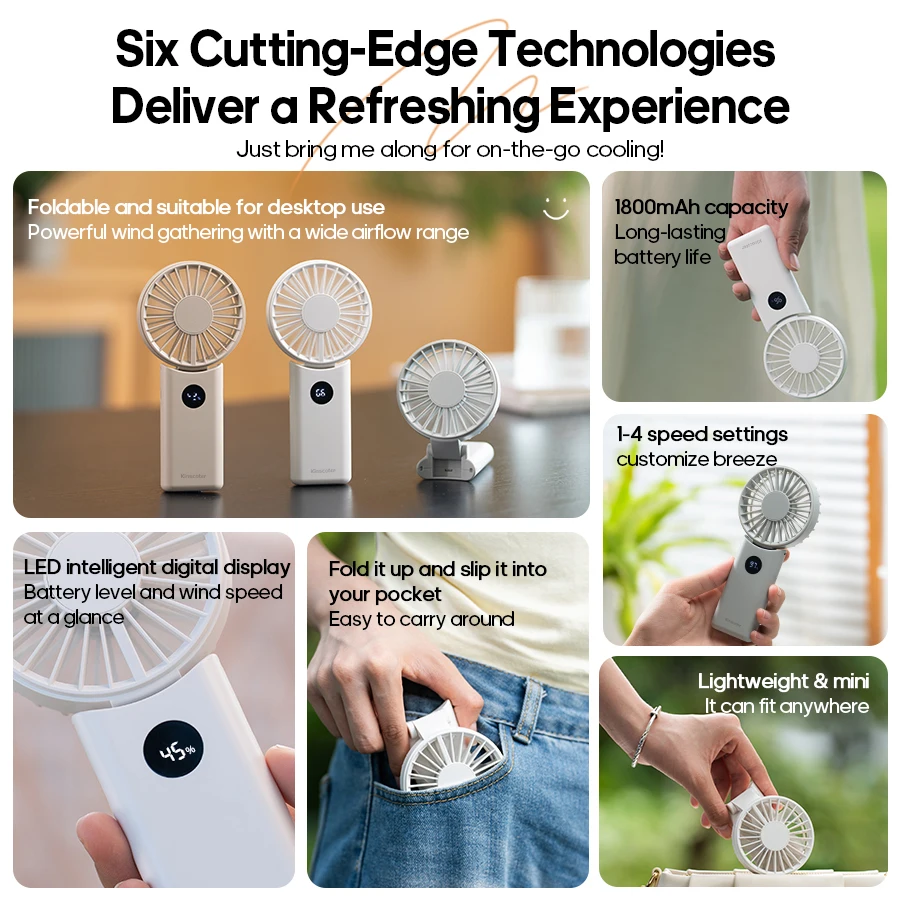 New Portable Folding Handheld Fan 1800mAh 4-speed Wind Mini Desktop Rechargeable Fan with LED Display for Home Outdoor Travel