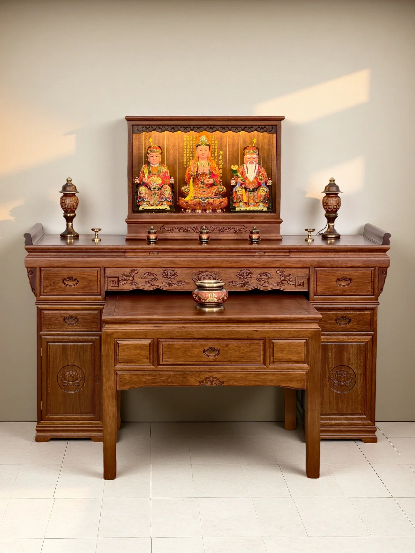 LYY New Chinese Style Solid Wood Buddha Shrine Offering Table God Head Household Dust Cover Glass Shrine Guanyin Earth