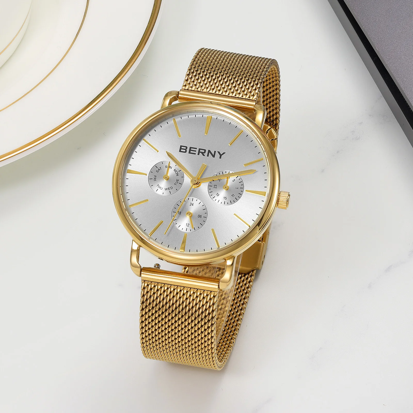 BERNY Herrenuhr mit Kalender und Wochenanzeige, moderner Stil, klassisch, elegant, schlanke Quarzuhr, Edelstahl 6P29 5ATM Armbanduhr – Detail 19