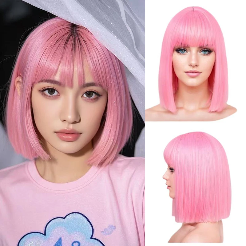 

Короткий розовый парик Боб с челкой Короткий прямой парик Боб с челкой для женщин 14-дюймовые термостойкие парики из синтетических волос для ежедневного использования на вечеринке