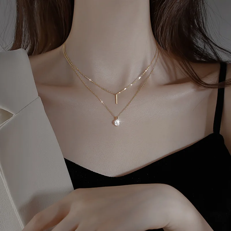 Lateefah One-line Flash Diamond Double Necklace S925 Sterling Silver Clavicle Chain Personality Creative Small Fresh Accessories