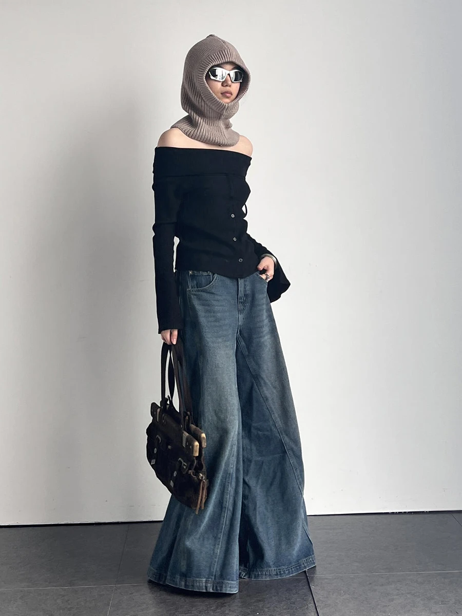 REDDACHiC Denim Blue Elephant Bell Bottoms Women Whiskers Do Old Patchwork Seam Oversized Flare Jeans Grunge Harajuku Streetwear