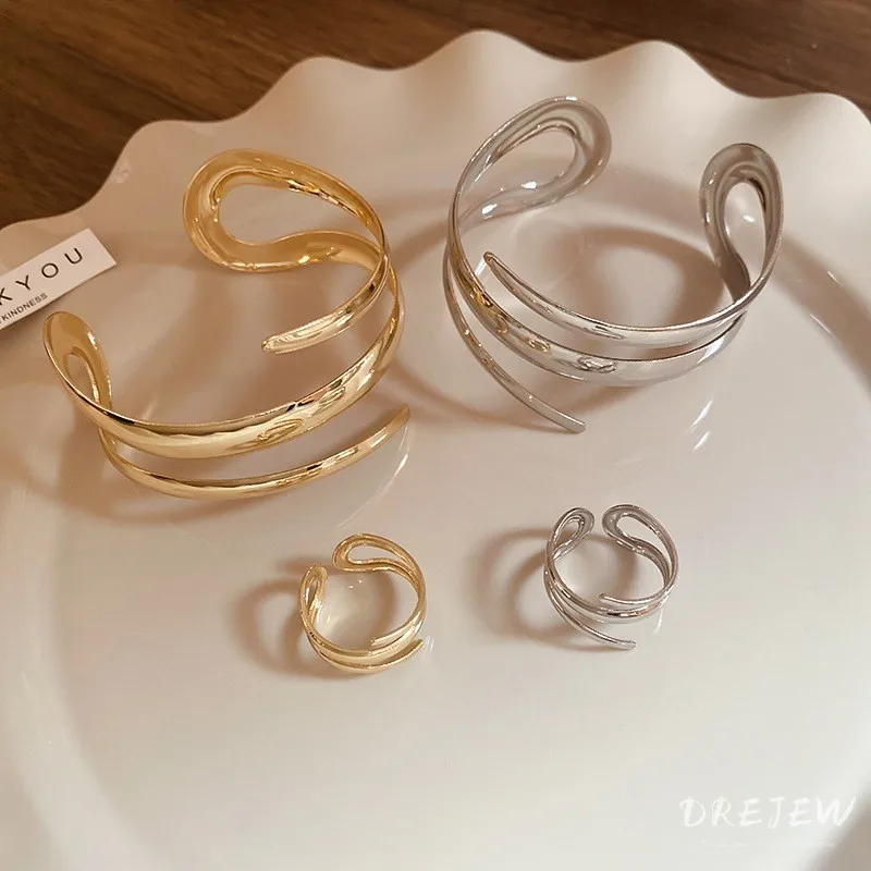 2 Pcs European and American Geometric Wide-face Open Ring Bracelet Sets for Women Personality Fashion Jewelry Set