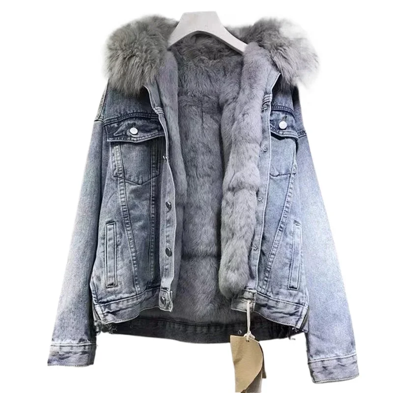 Casaco curto de algodão acolchoado jaqueta 2024 inverno velo forrado nova jaqueta solta coreano denim gola de pele acolchoada casaco para mulher