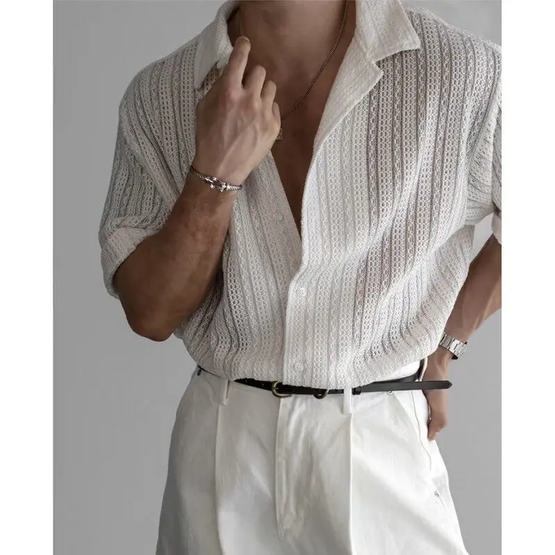 Retro Cuban Collar Hollow Short Sleeved Shirts Men Korean Fashion Loose Casual Shirt Sexy Social Vacation Streetwear Tops 2025