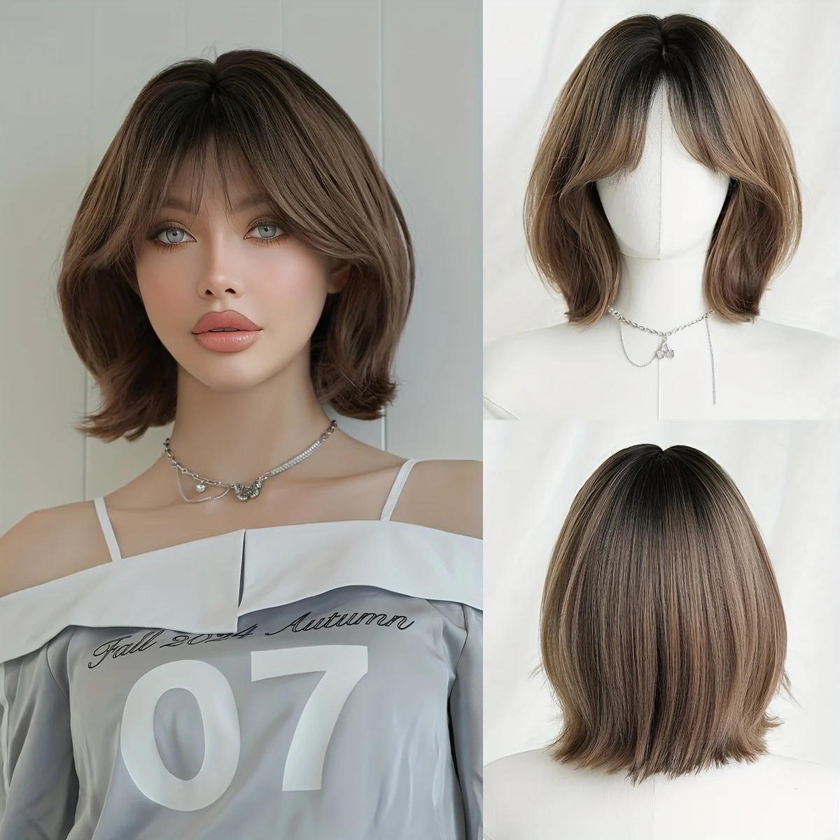 

Короткий многослойный парик-каре омбре коричневого цвета с воздушной челкой, натуральный объемный, термостойкий, из синтетических волос, для женщин