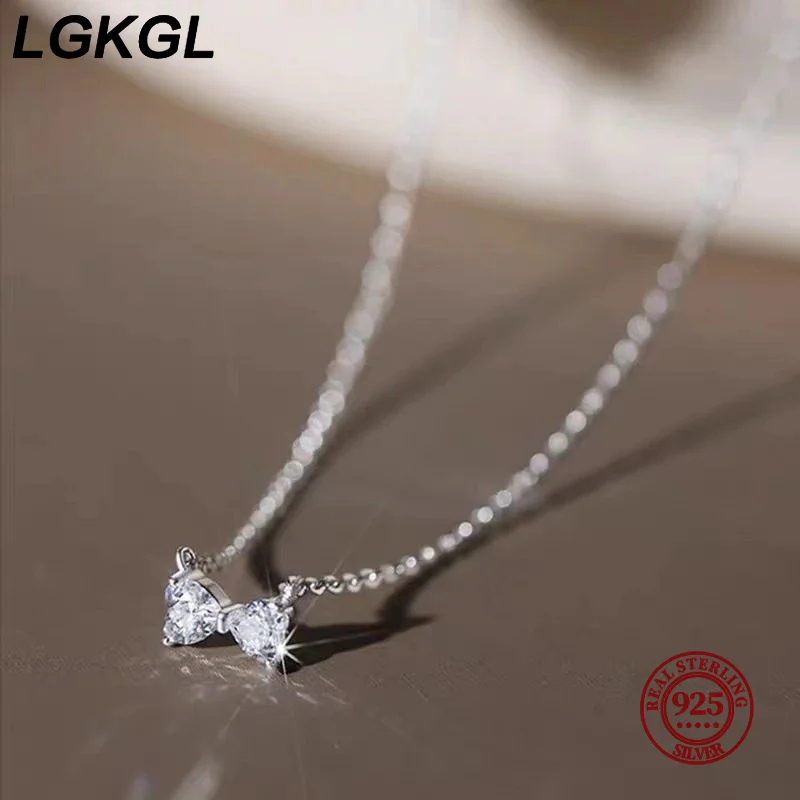 LGKGL-925 Colar de Prata Esterlina para Mulheres, Banhado a Ouro 14k, Arco de Zircão Brilhante, Corrente Amor, Jóias para Festa Adolescente, Romântico