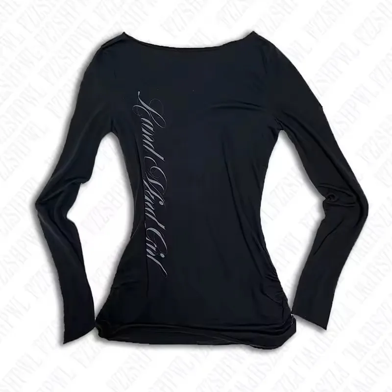 

2026 Spring and Autumn New Slim and Sensual Round Neck Women's Printed Gothic Style Hot Girl Long Sleeve T-shirt Top
