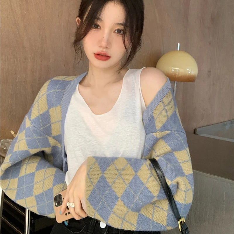 Plaid Cardigan Sweater Women Loose Fitting Casual Cropped Top Casual Leisure Tops Spring Autumn All-Match Long Sleeves