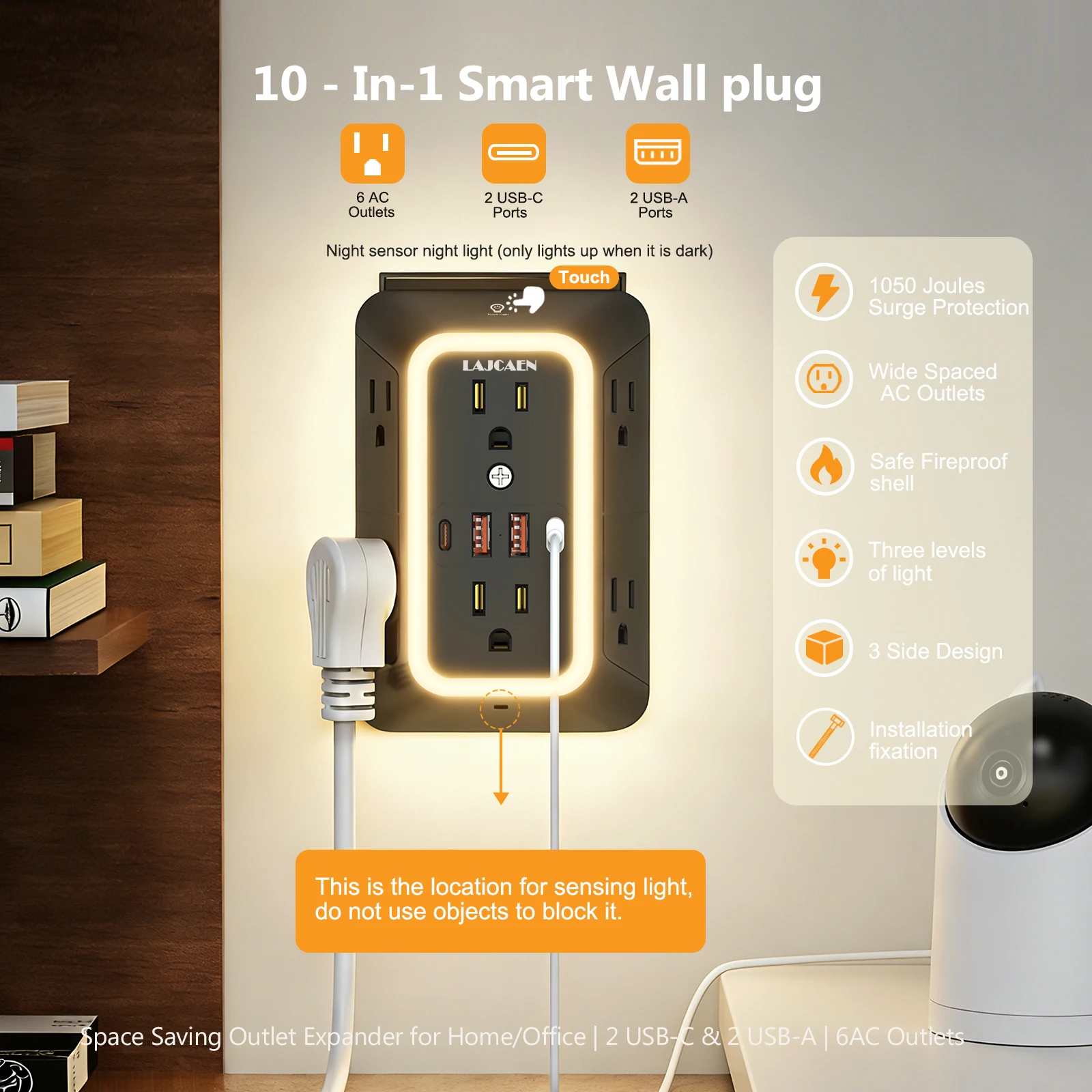 US Plug Outlets Extender Surge Protector with Night Light,Wall Socket with 6 AC Outlets 2 USB 2 Type-C 1050J