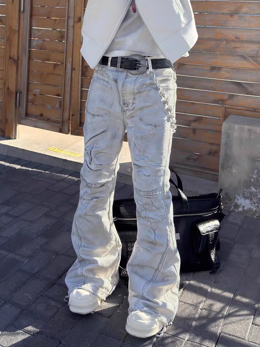 American High Street Vintage White Distressed Flared Jeans Men's Slim Tie Dye Long Pants Design Sensation Trendy Brand