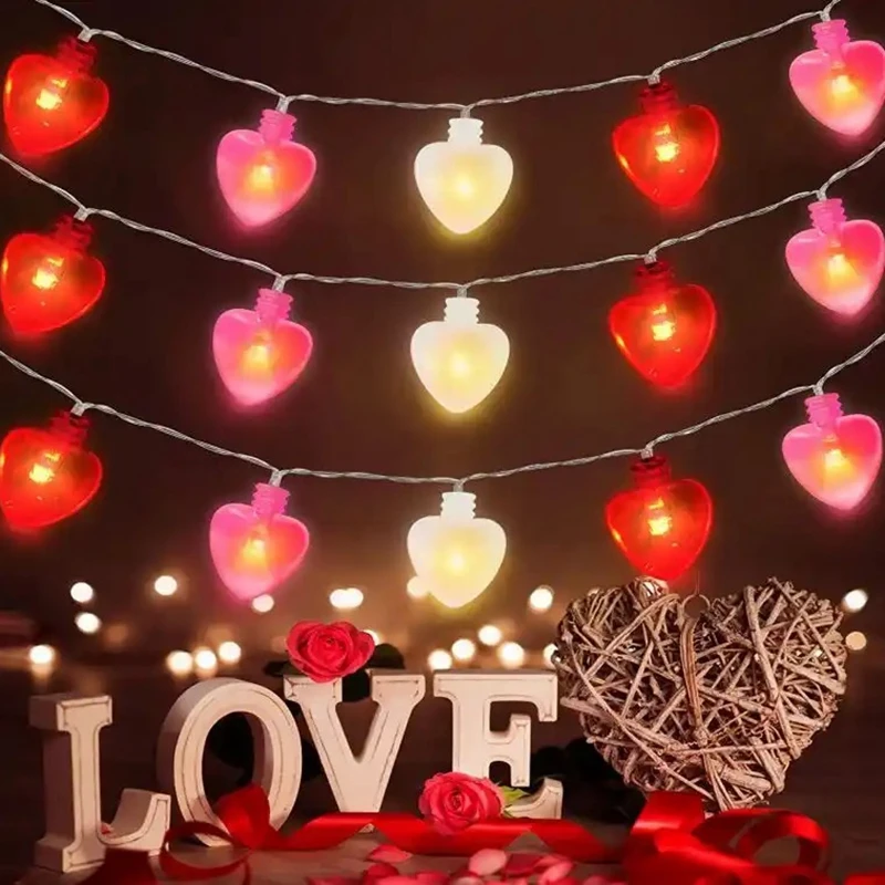 

2024 Valentines Day Decoration 10LED Love String Lights Red Heart Shaped Fairy Light Garland Wedding Party Decoration Lamp Gifts