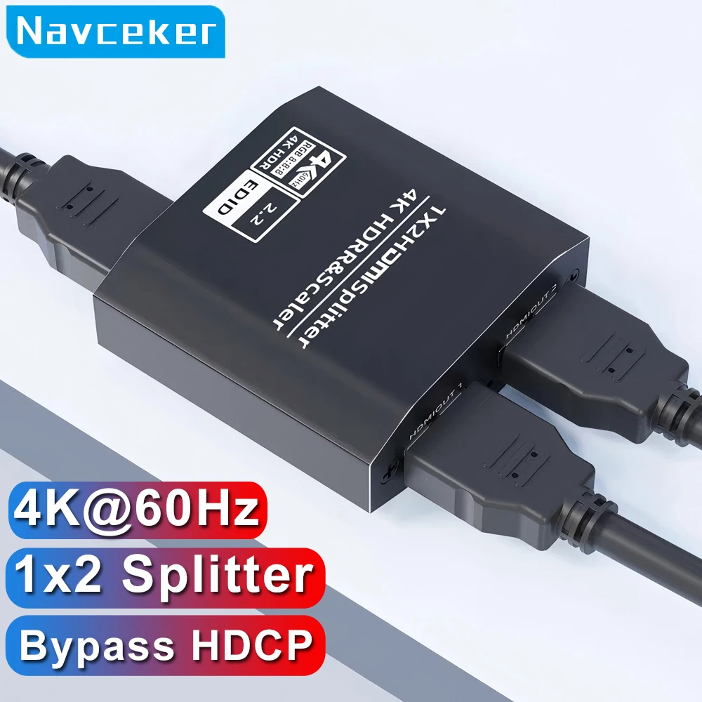Navceker 1x2 HDMI Splitter HDR 4K 60Hz 1 Input 2 Outputs Bypas HDCP HDMI Video Distributor for Two Screens Xbox PS5 PC DVD