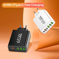 Totaal 65W USB C-oplader 6 poorten Snel opladen Wandoplader voor iPhone 15 14 Pro Max Samsung Galaxy S23 Xiaomi 14 Mobiele telefoon Ch