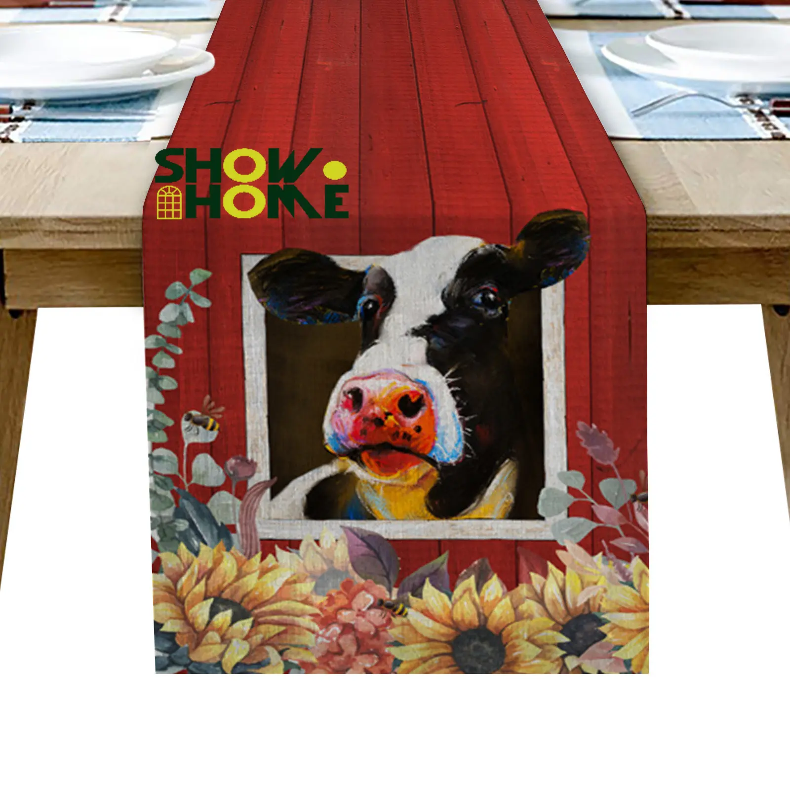 Farm Barn Cow And Sunflower Table Runner Wedding Table Decoration Dining Table Decor Placemat Christmas Decor Tablecloth