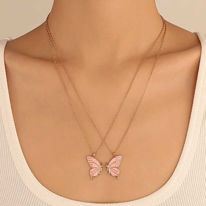 Collier double papillon goutte d'huile, ensemble d'amitié papillon créatif, chaîne de clavicule, cadeau pour petite amie