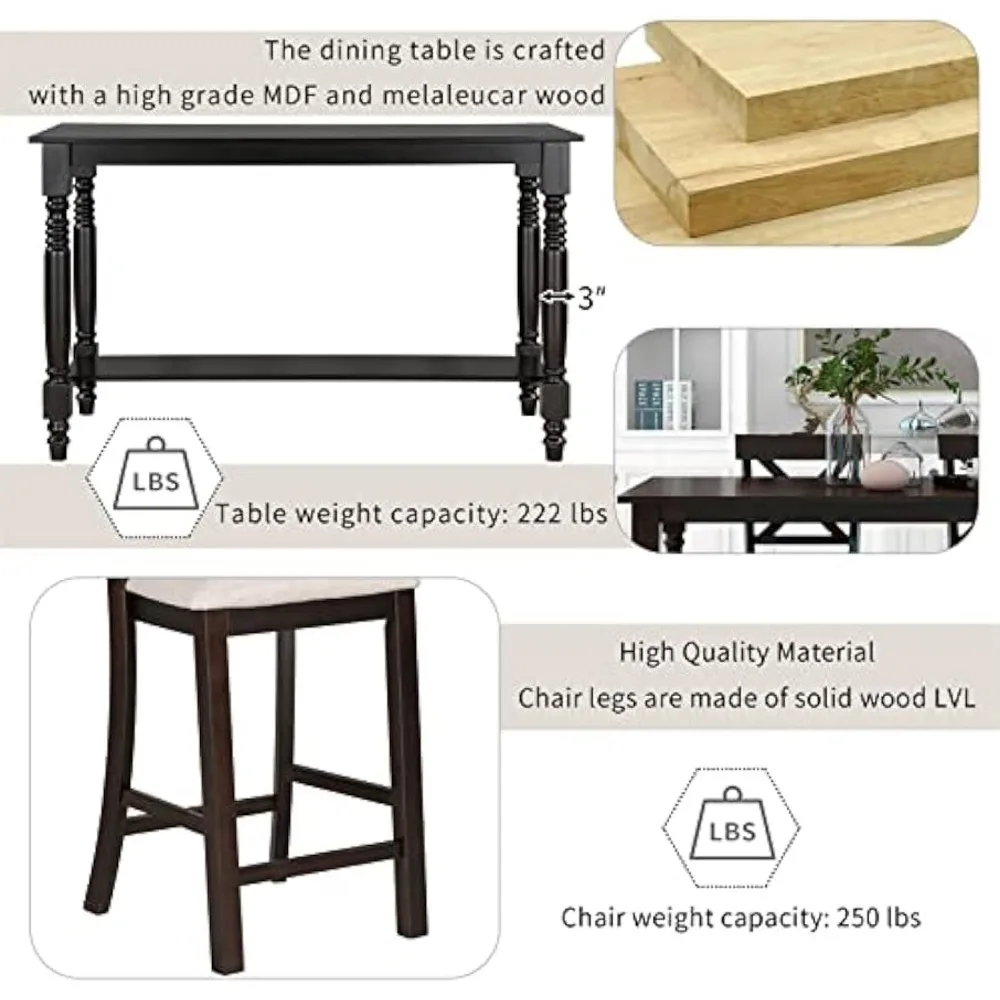 Conjunto de mesa de jantar de 6 peças, mesa de jantar retangular de madeira com altura externa com 4 cadeiras e um banco, conjunto de jantar moderno para 6 pessoas