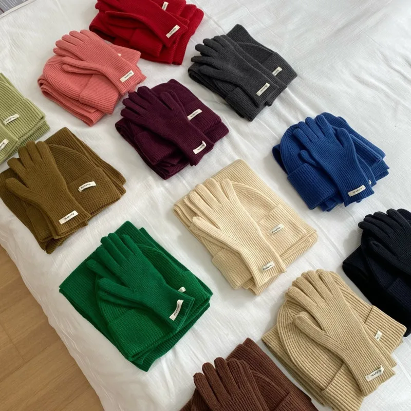 WHTREND الكورية نمط الصلبة محبوك قبعة وشاح قفاز مجموعة للنساء الخريف الشتاء الدافئة WH1665