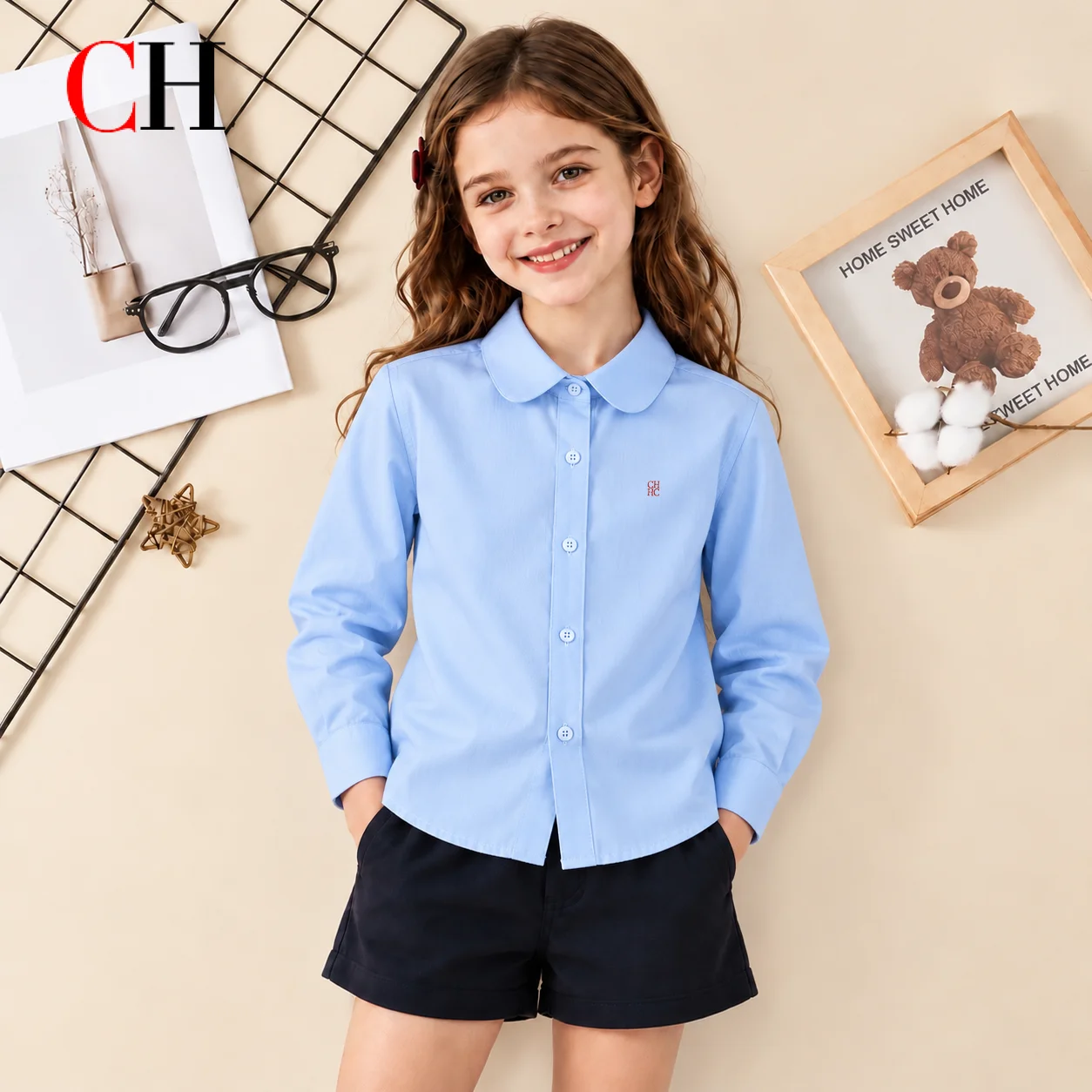 CH Children Button Down Shirt Long Sleeve Peter Pan Collar Breathable Woven Material Small Chest Embroidery Basic Kids Wear