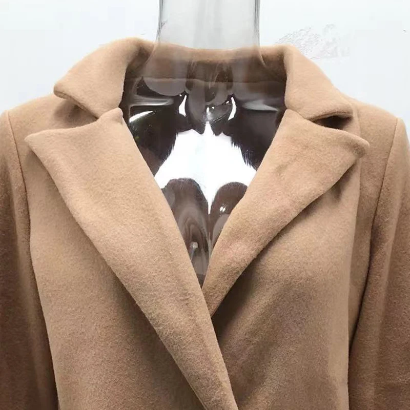 Autumn and winter solid color long sleeved double breasted suit collar woolen jacket for women