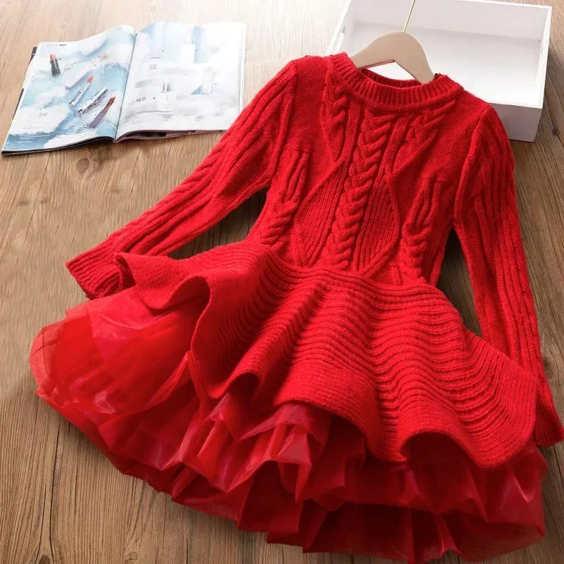 2025 New Girls\' Woolen Warm Dress Children Autumn Winter Round Neck Sweater Elegant Girl Knitted Long Sleeve Red Christmas Dress