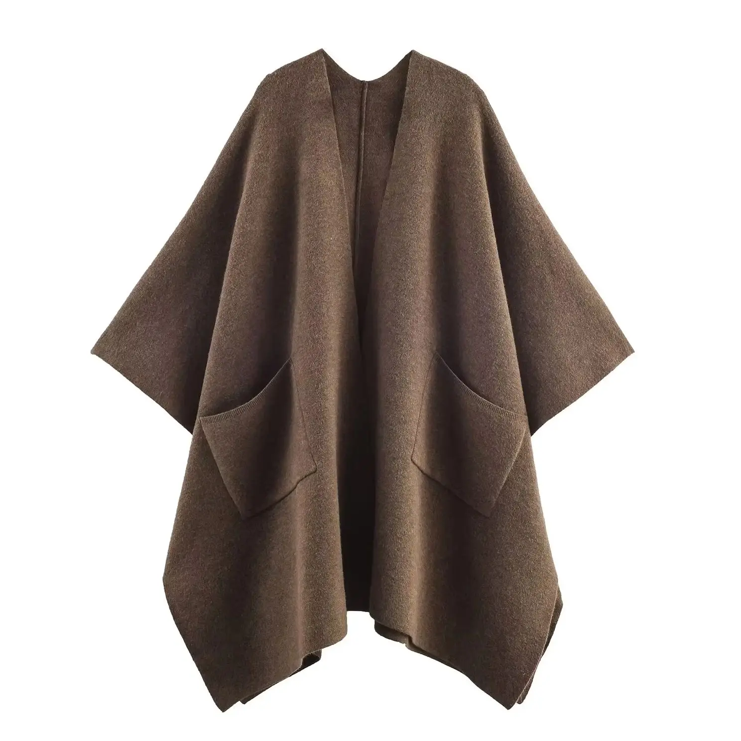 KONDALA Chic Brown Open Stitch Vintage Cloak Fashion 2025 Autumn Pocket Long Elegant Streetwear Oversize Casual Female Cardigans