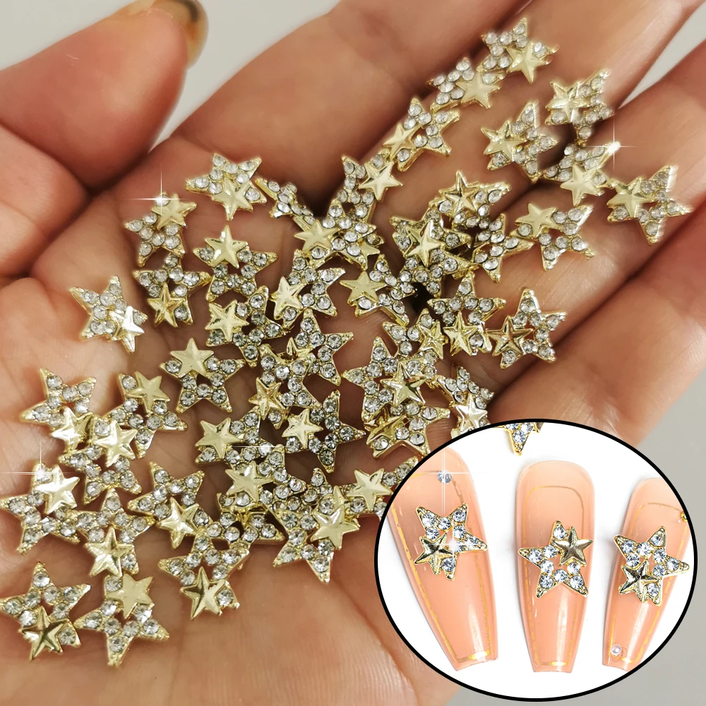 10Pcs Hollow Star 3D Nail Art Charms Gold/Silver Metal Five-pointed Star Glitter Rhinestones Luxury Star Manicure Decoration &*&