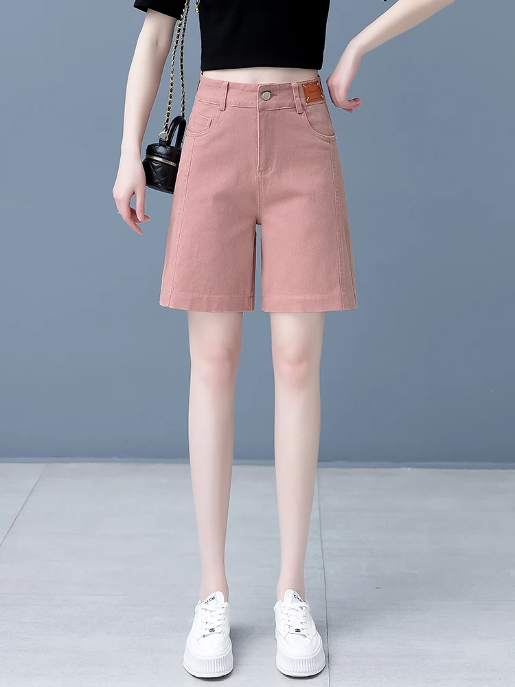 

Розовые джинсовые шорты женские летние тонкие с высокой талией свободного кроя прямые утягивающие повседневные широкие брюки-капри