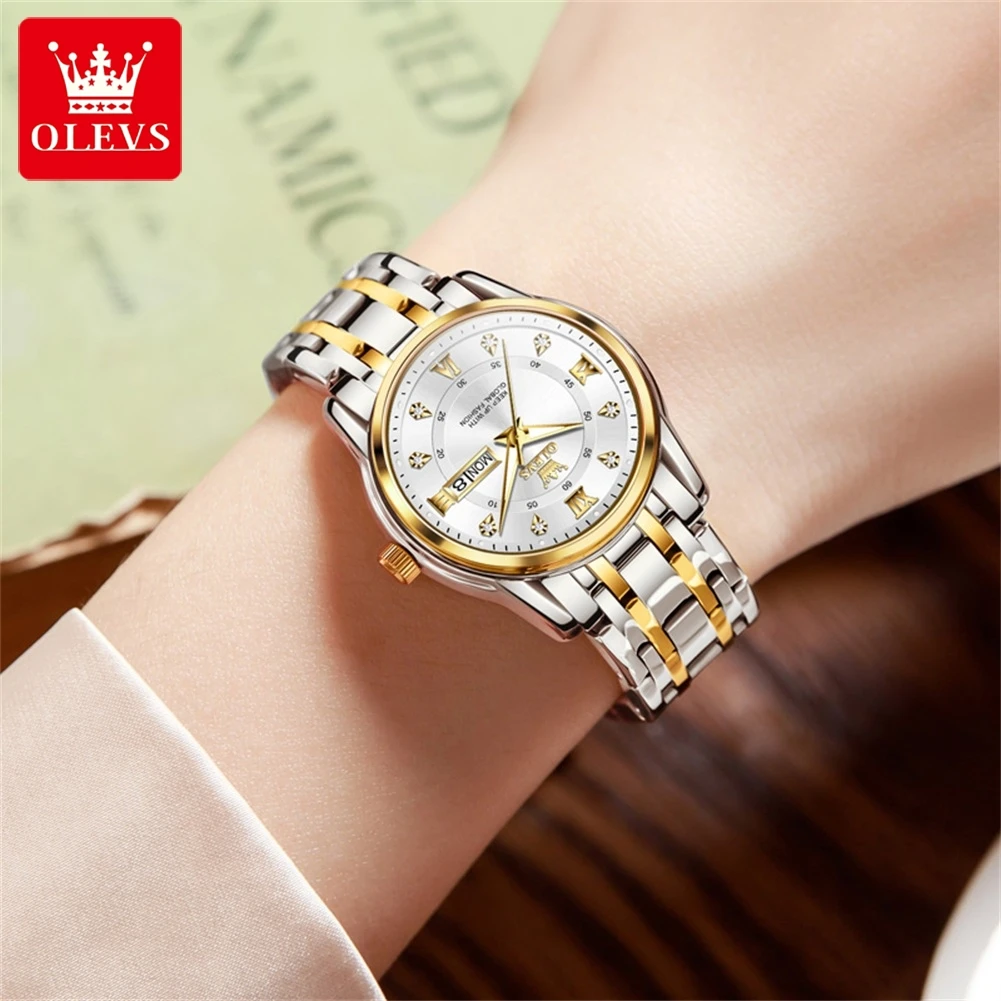 Olevs original diamant uhr für damen mode elegante edelstahl wasserdichte quarz armbanduhr luxus damen kleid uhren