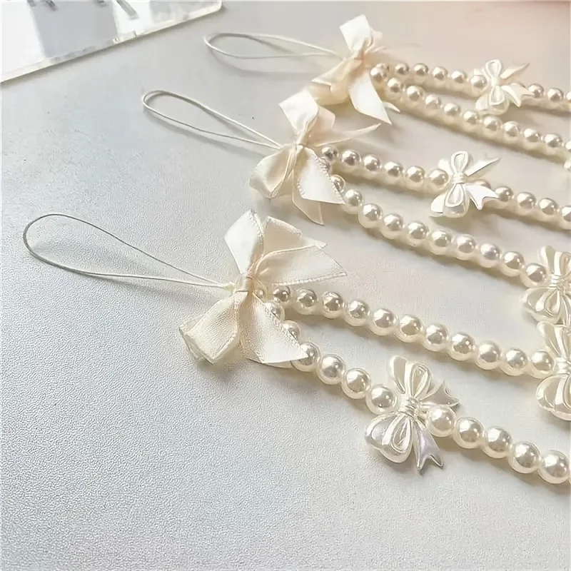 Sweet and Cute Pink Bow Mobile Strap Phone Chains For Women Pearl Chain Phone Pendant Charm Key Anti-Lost Lanyard Jewelry