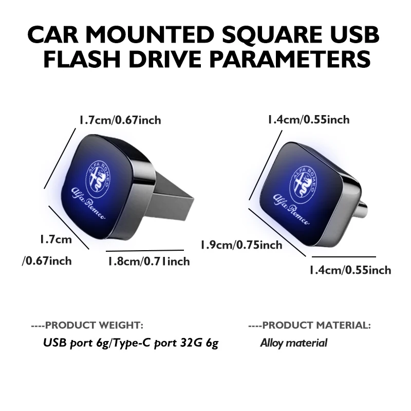 Chiavetta USB 2.0 Metallo Alfa Romeo – 4/8/16/32/64 GB Con Luce LED, Logo Auto, Nuova