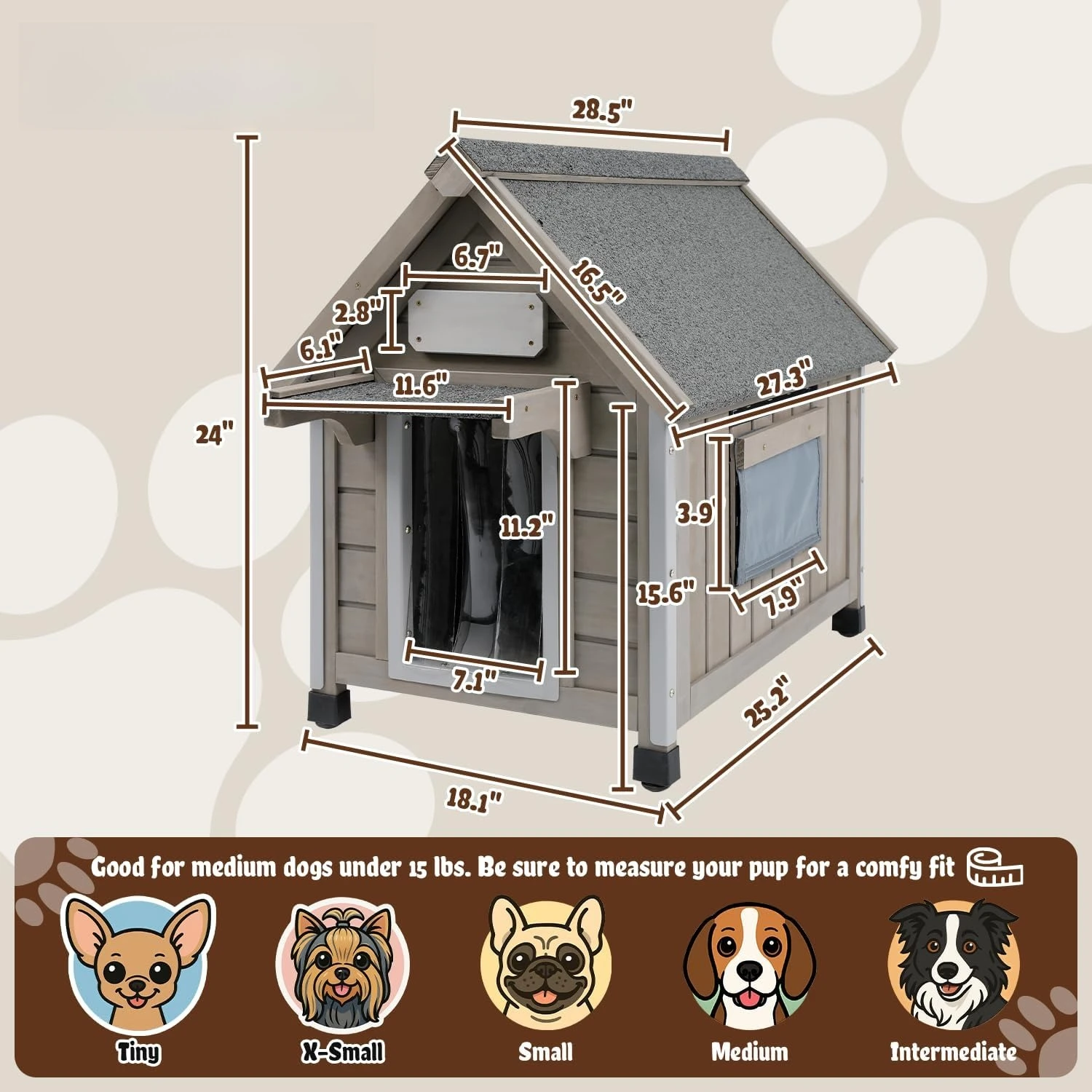 Wooden Outdoor Dog House for Small Dogs with Sloped Asphalt Roof, PVC Door Flap, Adjustable Ventilation Window, Raised Floor & Custom Nameplate
