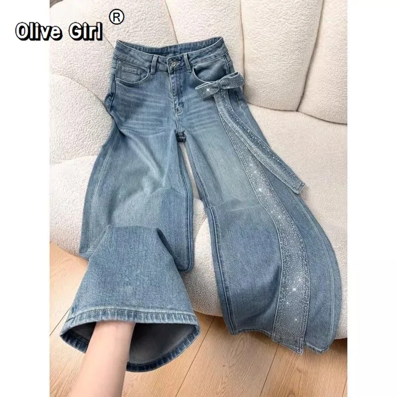 Olivegirl 3D Bow Diamond Sparkling Wide Leg Pants Women's denim Jeans 2026 Summer trousers Edition High Waist Loose Cowboy Pants
