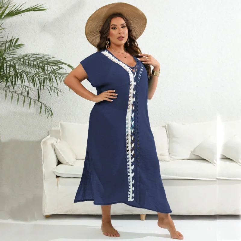 Vrouwen V-hals Cover Ups Beachwear Lange Een Stuk Hollow Out Beachdress Plus Size Solid Bikini Maxi Badpakken Kaftan Badpak