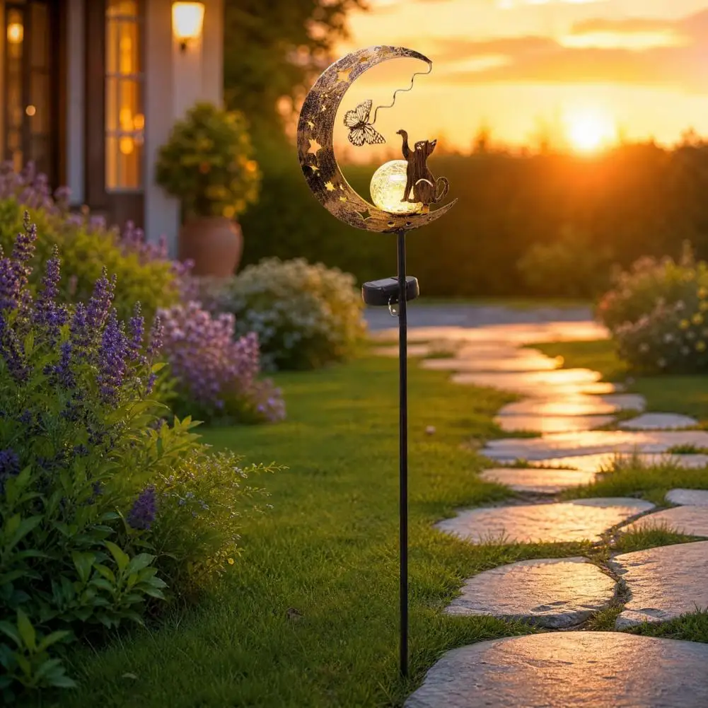 Lampes solaires décoratives pour allée, lampes solaires de jardin avec piquets métalliques, lune, chat, oiseau, chien, lampes solaires pour allée, étanches, pour extérieur
