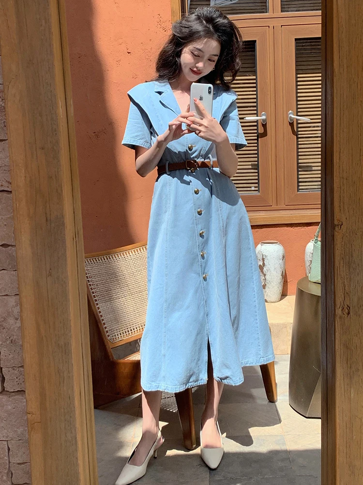 Vintage Notched Collar Short Sleeve Summer Jeans Dress Women Elegant Single-Breasted Pocket Denim Mid-Length Dress Female 2023