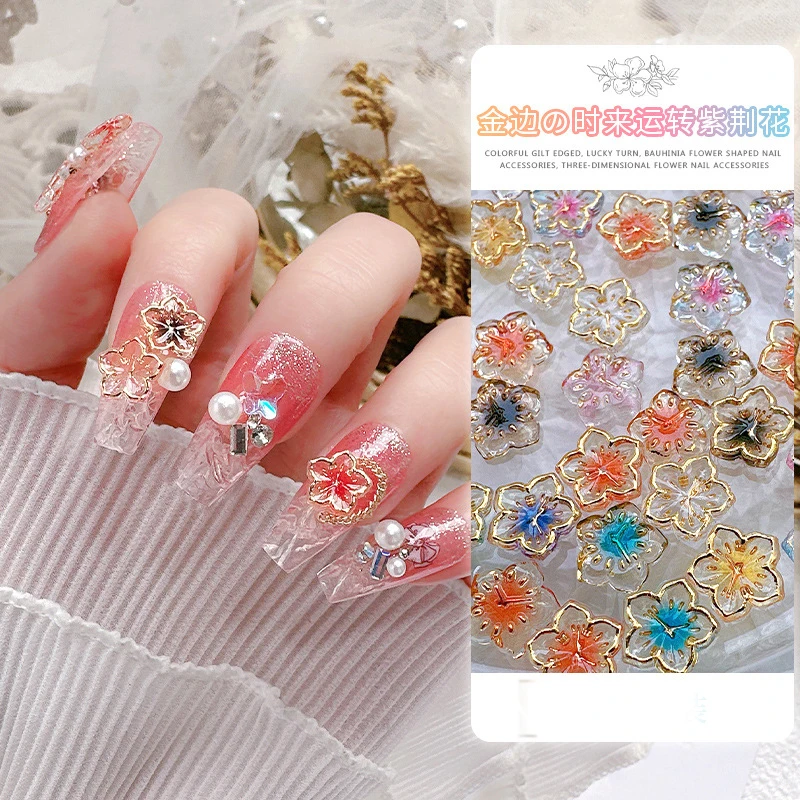 40pcs Resin Floral Nail Decoration Gold Edge Lucky Clock Colorful Flower Trend Nail 3D For DIY Manicure accessory