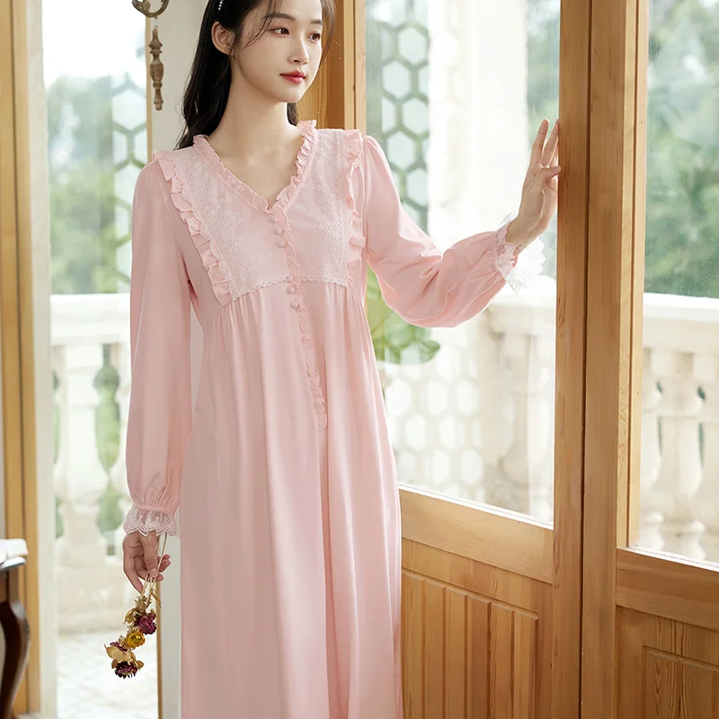 Sweet Embroidery Night Dress Women Cotton Sleepwear Princess Nightwear Spring Autumn Long Sleeve Robe Peignoir Vintage Nightgown