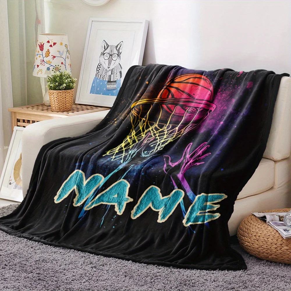 Customize 1pc Custom Name Basketball Shooter Flannel Throw Blanket - Soft Polyester Fiber, Machine Washable, Chunky Knit All-Sea