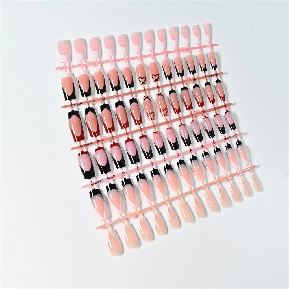 120 Stück mittelgroße quadratische French-Press-On-Nägel, schwarz-rot, mit Herzlinien, künstliche Nagelspitzen, schicker minimalistischer Stil, wiederverwendbare künstliche Fingertips – Detail 2