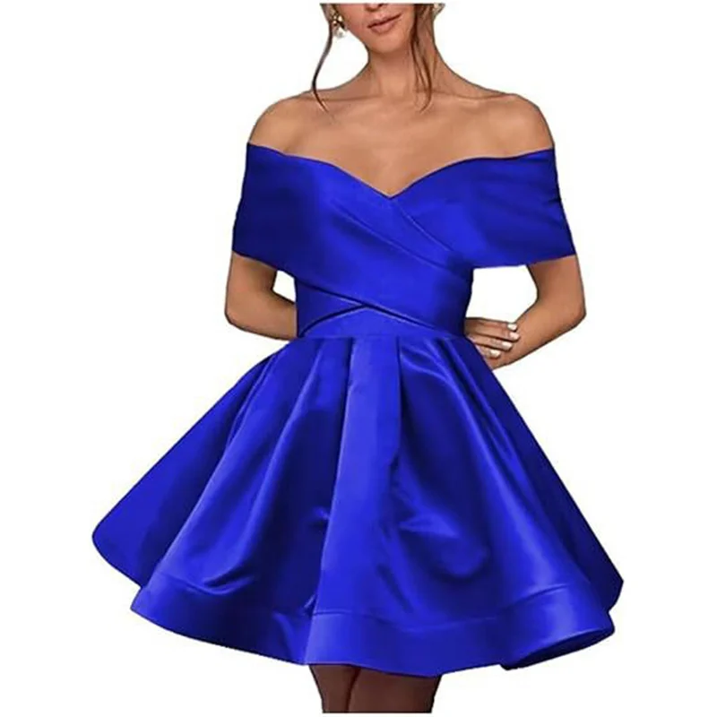Short Satin Pleat Boat Neck Knee Length Bridesmaid Dresses Wedding Party Evening Prom Homecoming Cocktail Lace Up