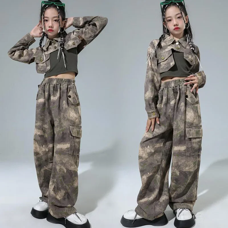 Kids Kpop Hiphop Kleding Camo Crop Shirt Girl Jazz Dance Kostuum Kleding Tank Top Cargo Casual Street Wide Cargo Broek