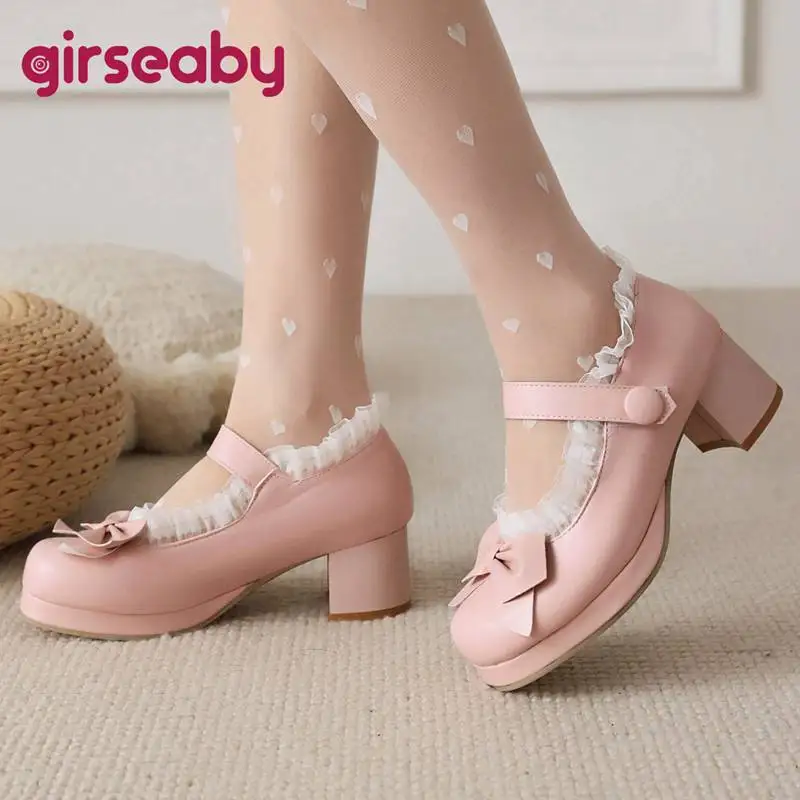 Girseaby Women Pumps Lolita Style Square Toe Block Heels 5cm Platform 1.5cm Bowknot Lace Sweet Girls Shoes Small Size 30 31 32