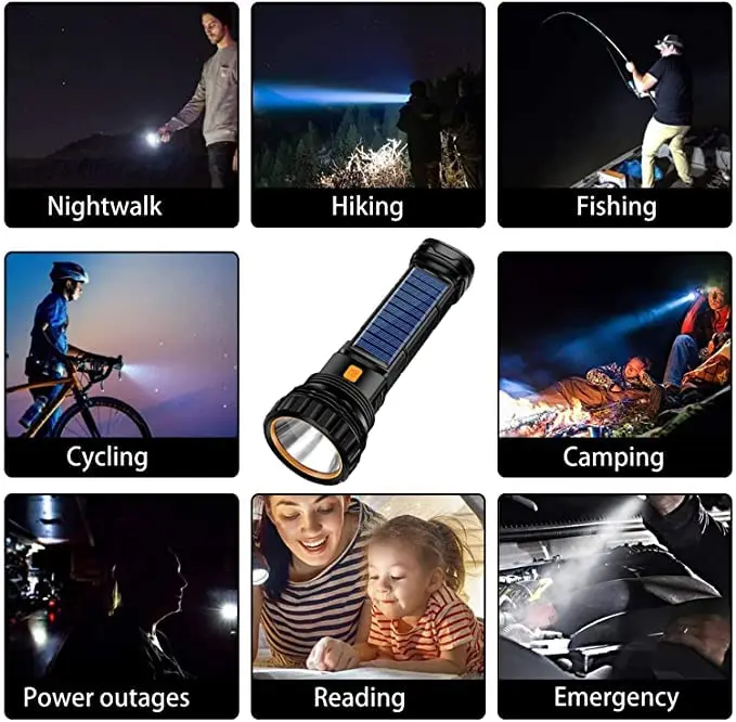 2-8pc Solar/Rechargeable Multi Function 1000 Lumens LED Flashlight Emergency Strobe Light 1200 Mah Battery USB Charging Cable