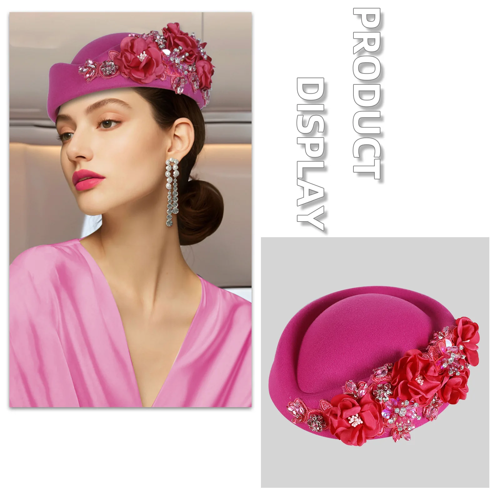 

Vintage British Style Wool Felt Beret Hat for Women Elegant Floral Beaded Hijab Cap Formal Church Tea Party Headwear Multicolor